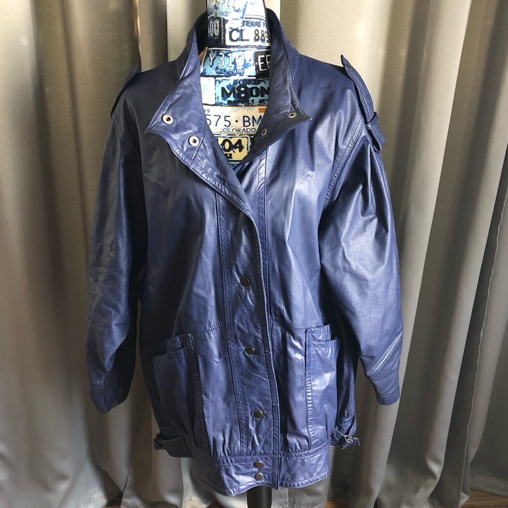 Vintage Deerskin Trading Post Leather Blue Lined Jacket Coat